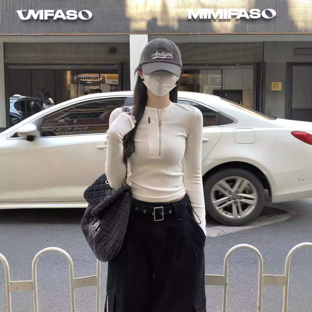 韓国ファッション ハーフジップフィット薄手リブニット