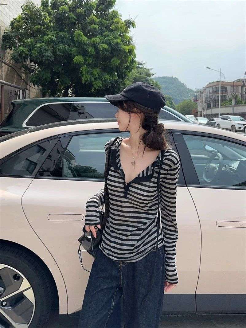 韓国ファッション しましまヘンリーネックリブカットソー