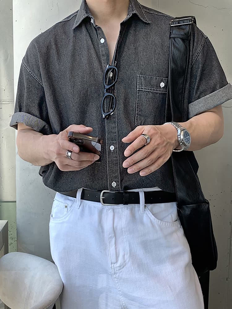 韓国ファッション ロールアップ袖デニムシャツ