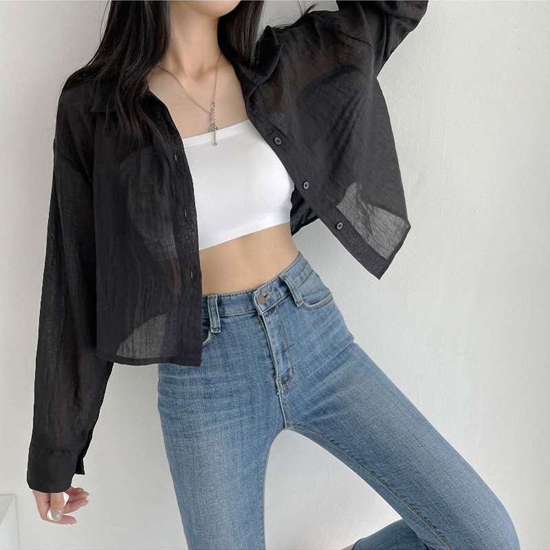 韓国ファッション シワ感シアーシャツ