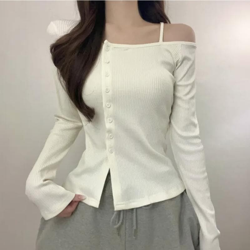 韓国ファッション オフショルダーボタンリブニットトップス