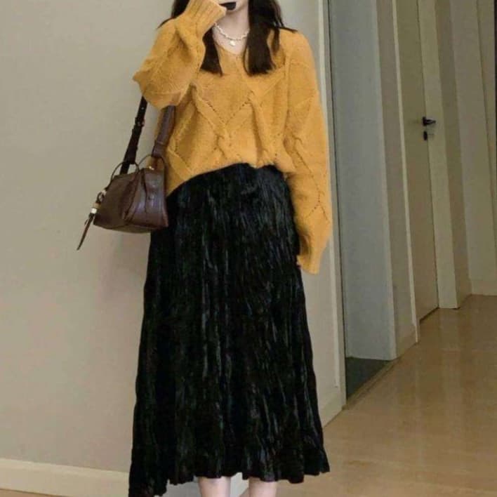 韓国ファッション ニットセーター×プリーツスカートセット