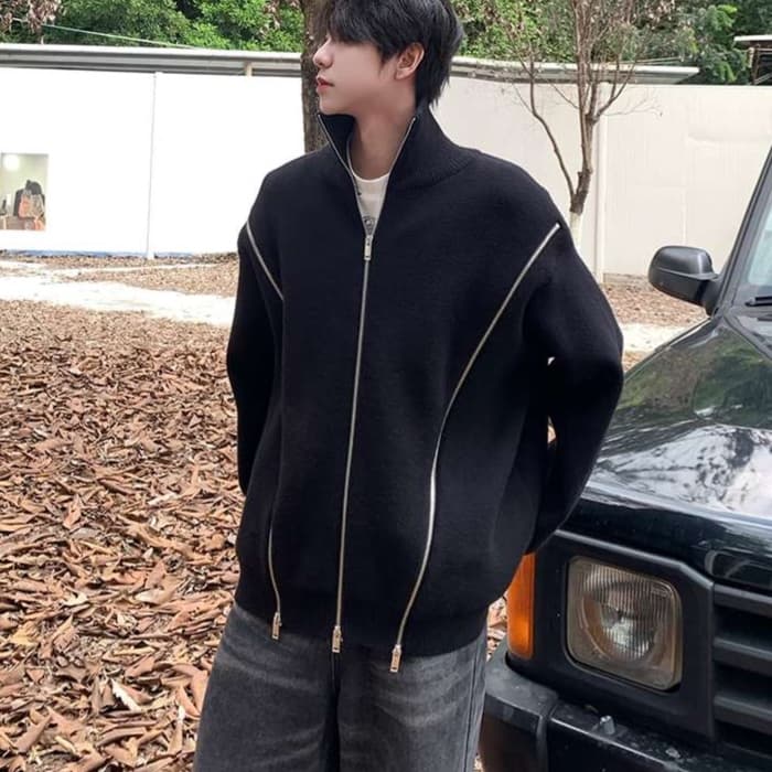 韓国ファッション オーバーサイズジップアップニット