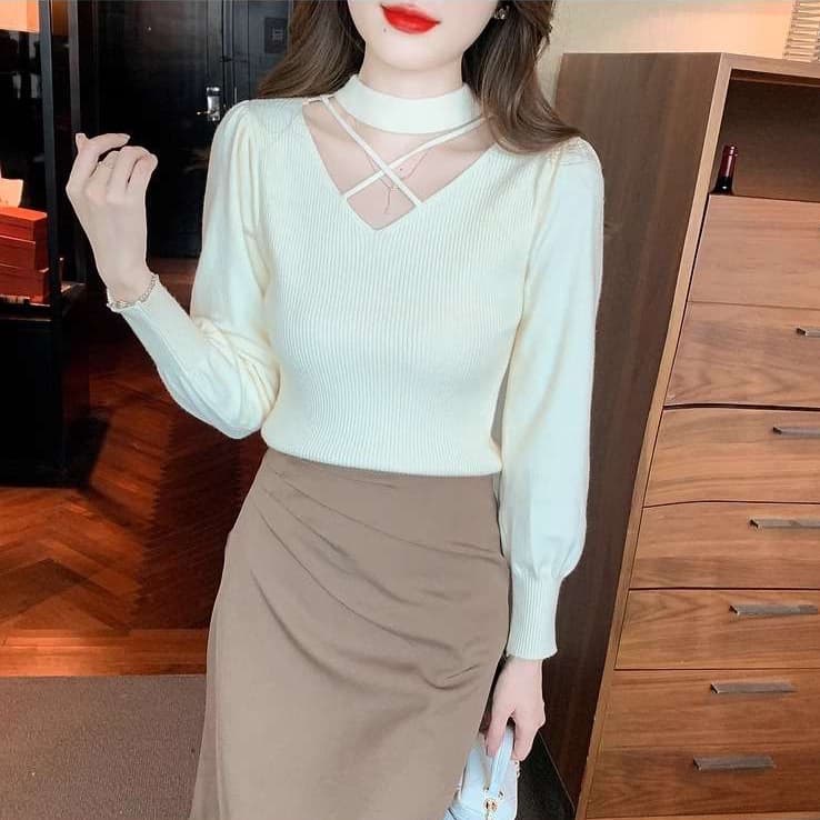韓国ファッション メッシュデザイン リブニットトップス