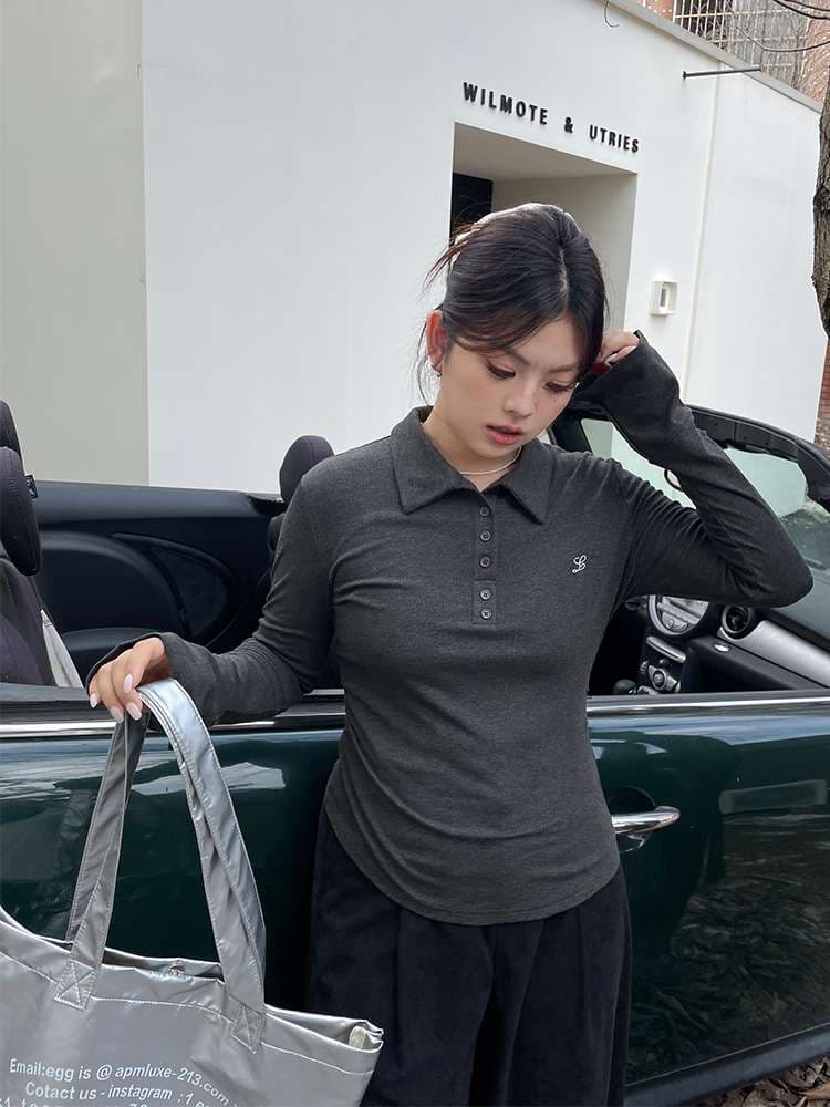 韓国ファッション レトロモダン ポロニットプルオーバー