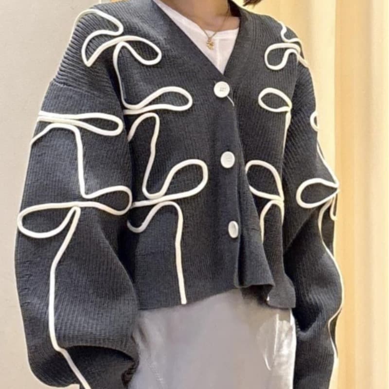韓国ファッション 韓国風リボン刺繍ニットカーディガン