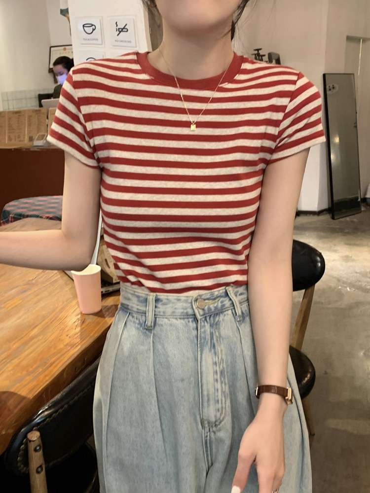 韓国ファッション デイリーボーダークルーネック半袖