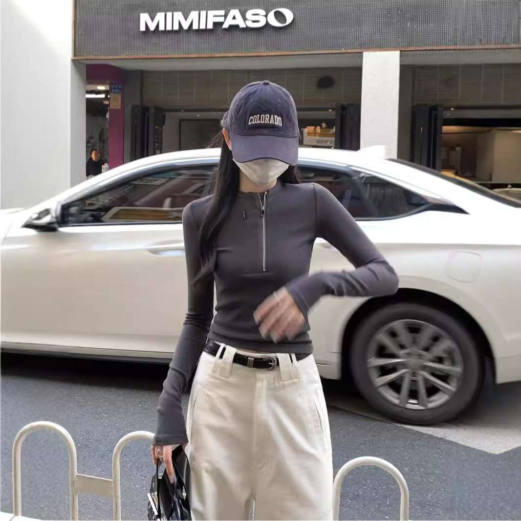 韓国ファッション ハーフジップフィット薄手リブニット