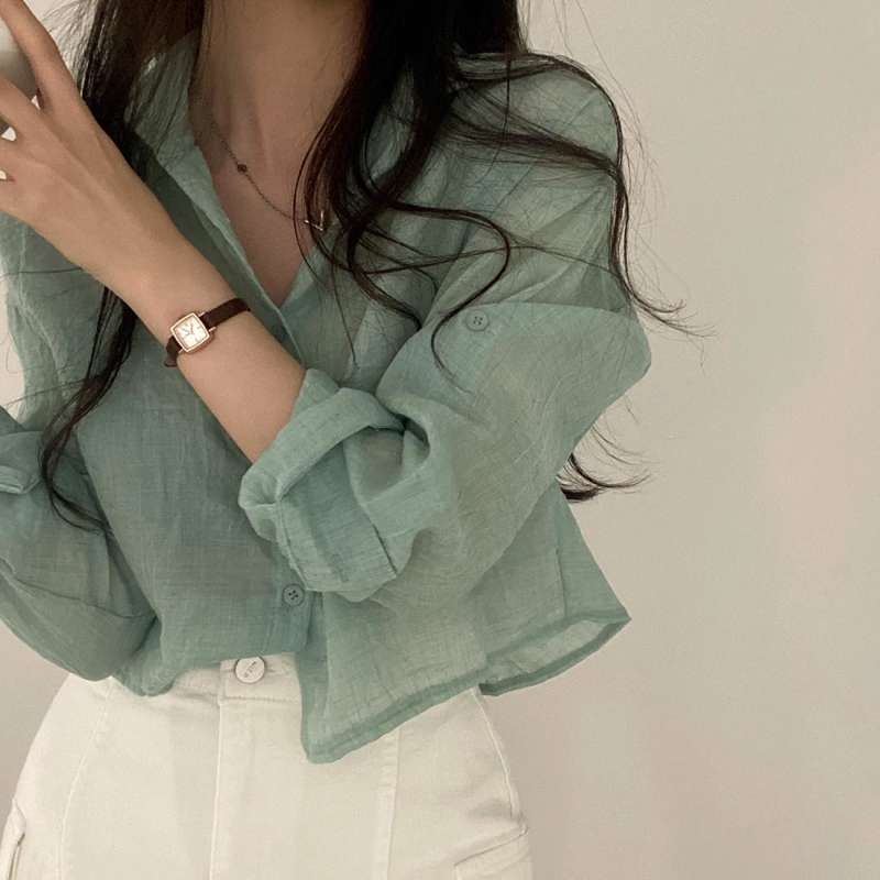 韓国ファッション シワ感シアーシャツ