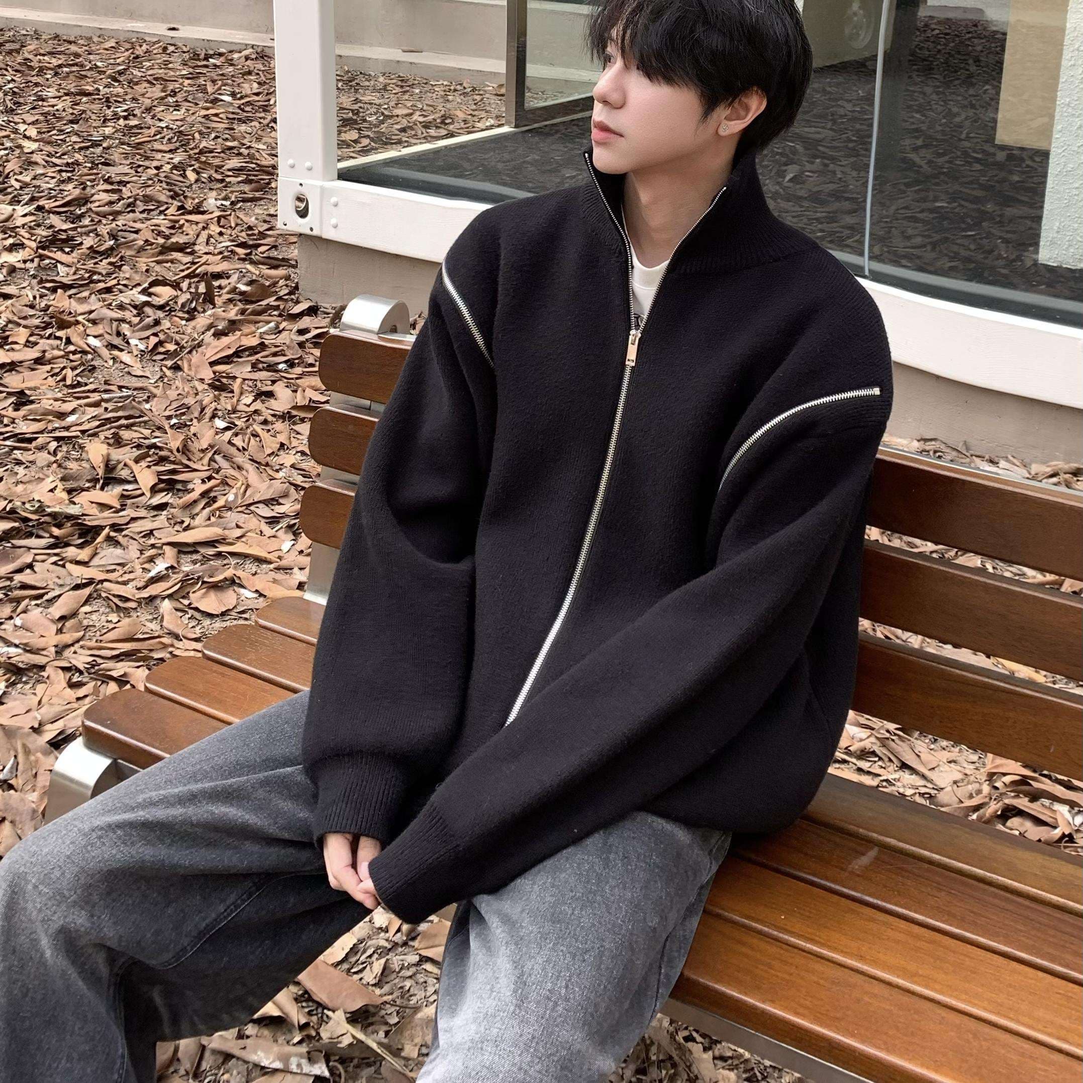 韓国ファッション オーバーサイズジップアップニット