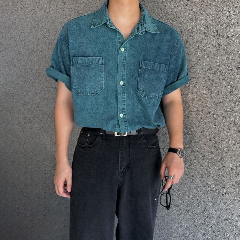 韓国ファッション レトロ感溢れる半袖デニムシャツ