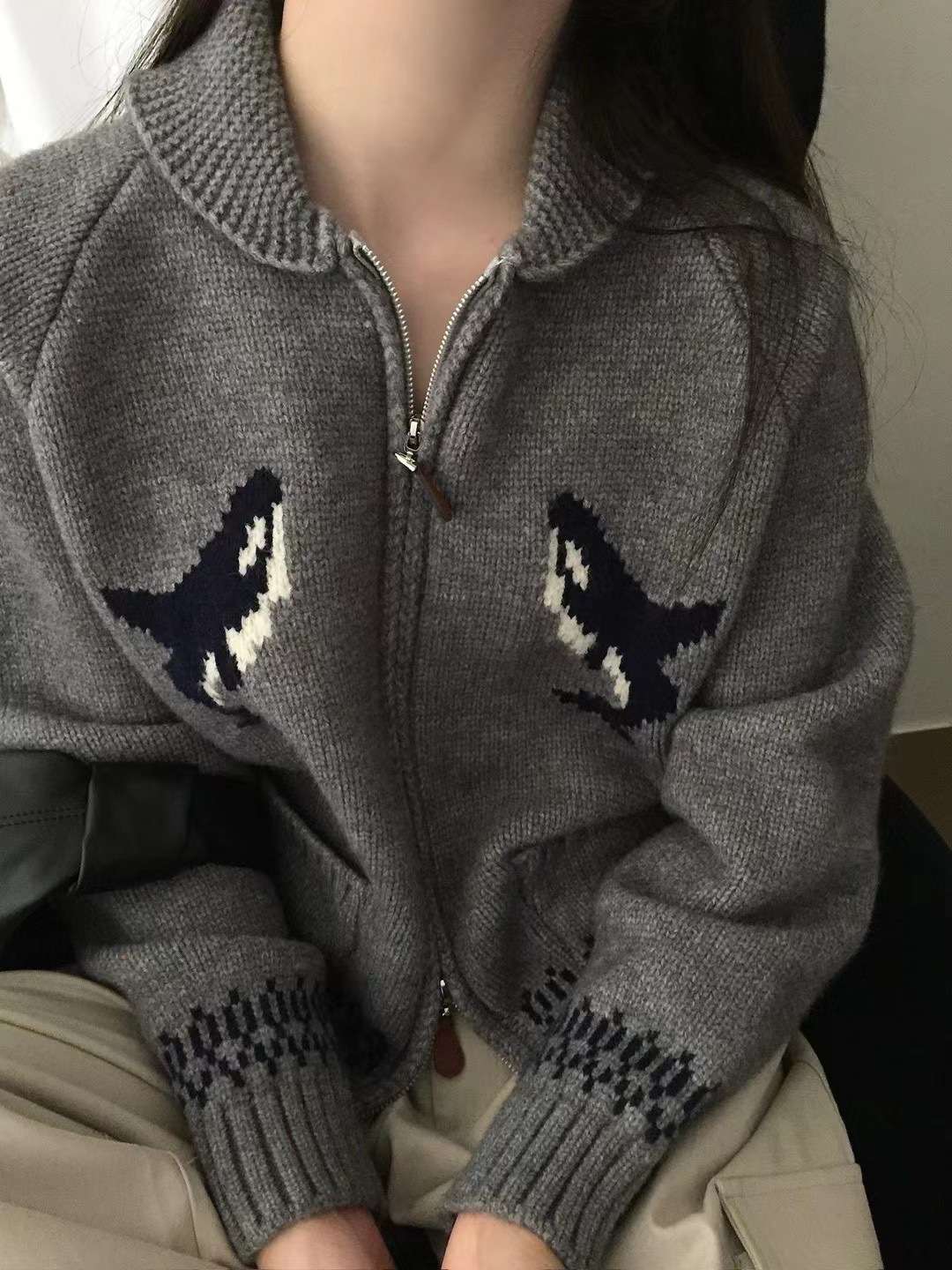 韓国ファッション 恐竜デザインジップアップニットカーディガン