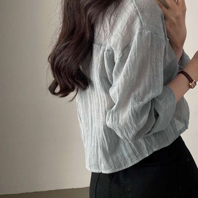 韓国ファッション シワ感シアーシャツ