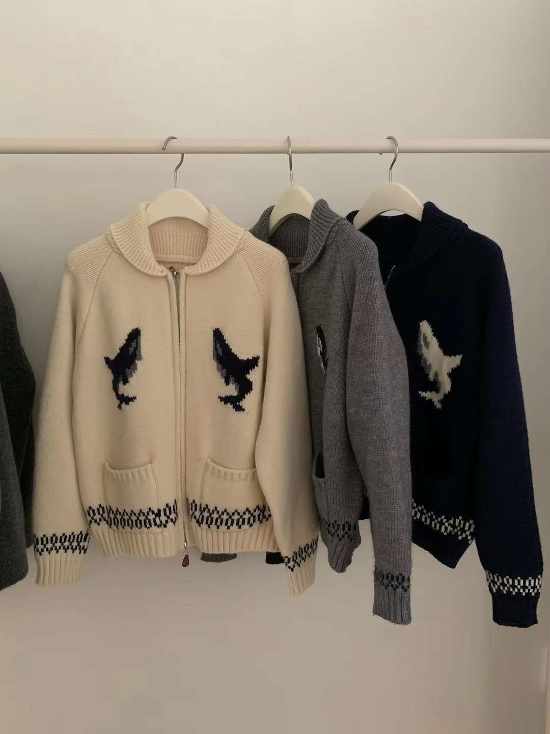 韓国ファッション 恐竜デザインジップアップニットカーディガン