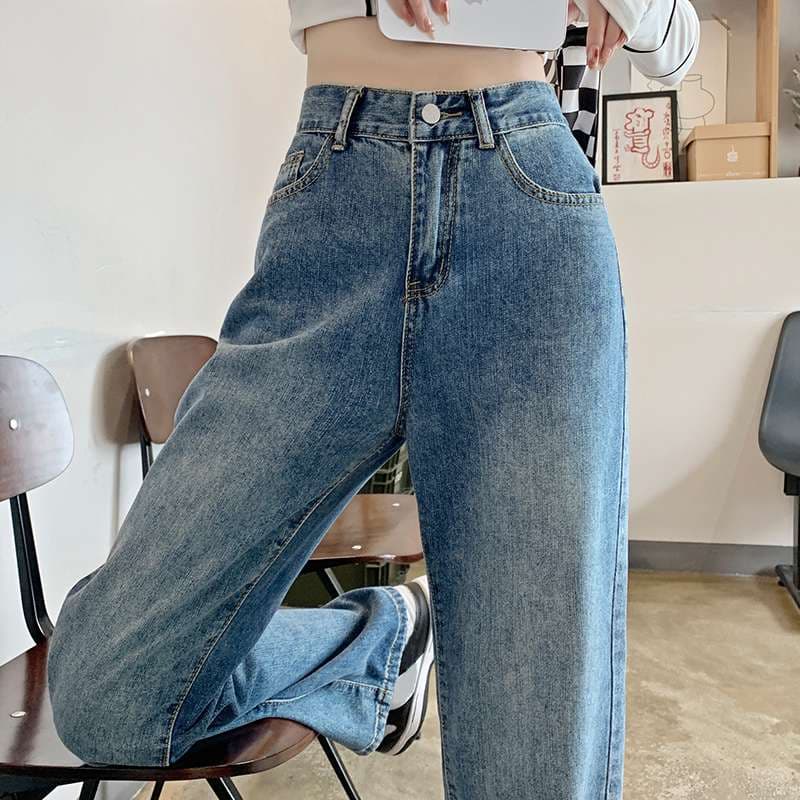 韓国ファッション ハイウエストゆったりデニムパンツ