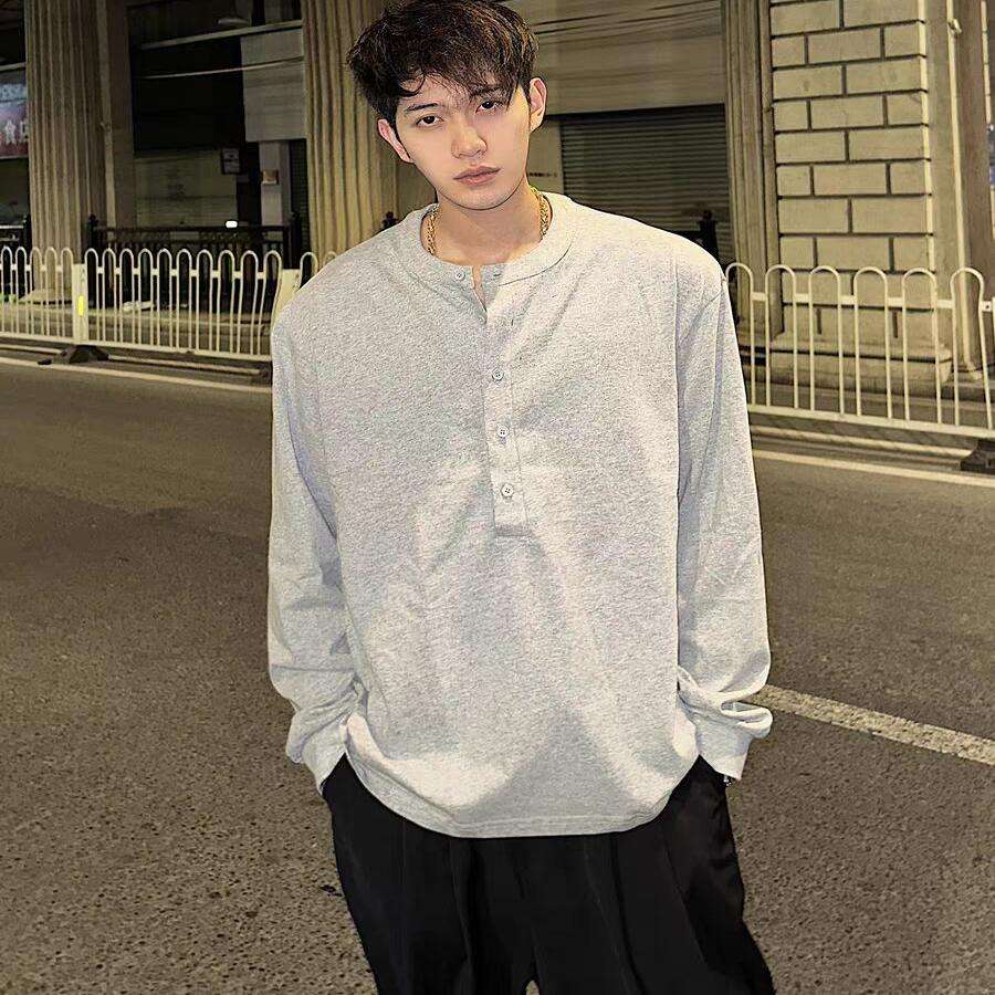 韓国ファッション オーバーサイズヘンリーネックシャツ