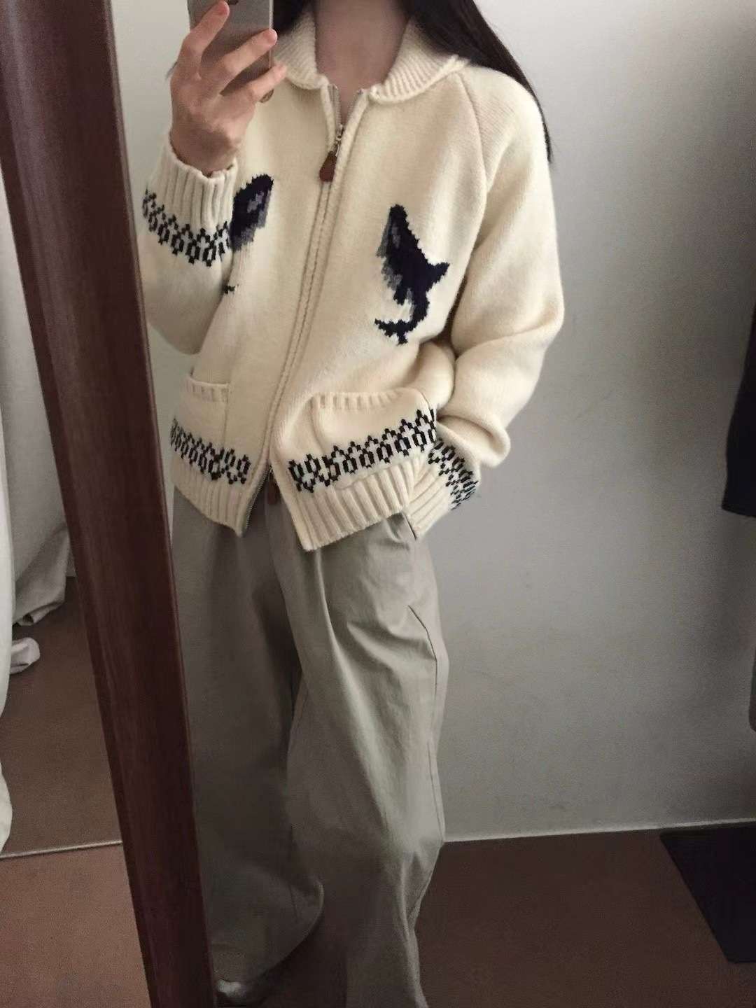 韓国ファッション 恐竜デザインジップアップニットカーディガン