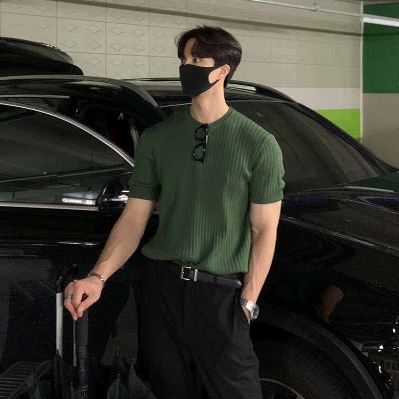 韓国ファッション リブ編みシンプル半袖ニット