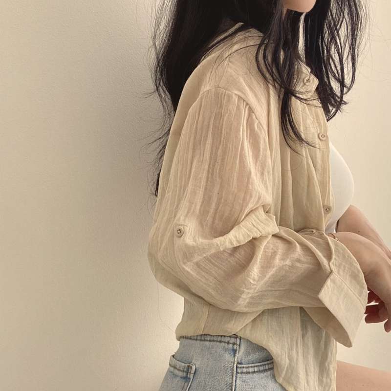 韓国ファッション シワ感シアーシャツ
