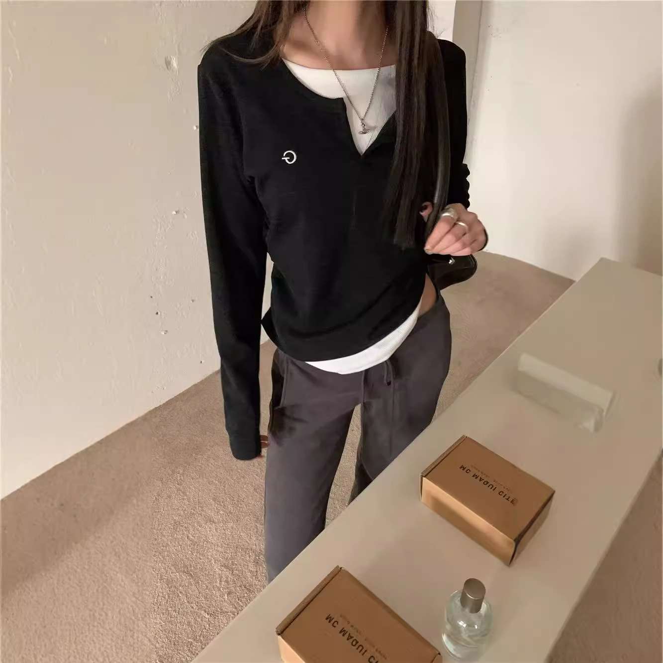 韓国ファッション レイヤード カットソー シンプルスウェット