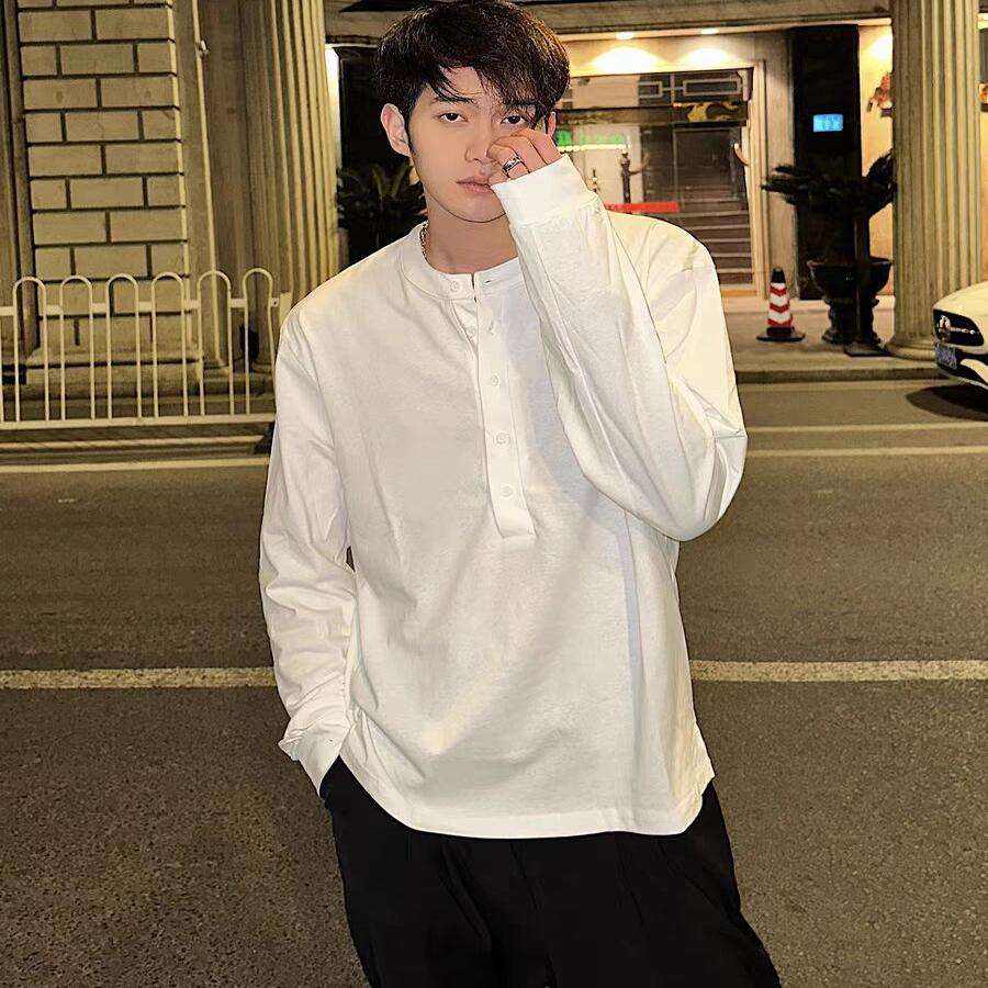 韓国ファッション オーバーサイズヘンリーネックシャツ