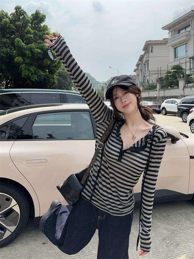 韓国ファッション しましまヘンリーネックリブカットソー