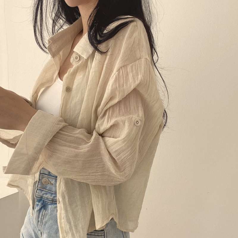韓国ファッション シワ感シアーシャツ