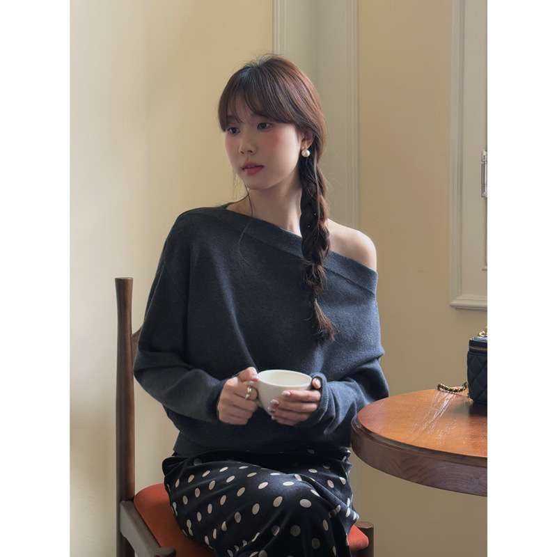 韓国ファッション オフショルダーゆるニットトップス