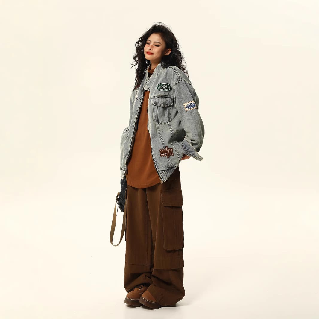 韓国ファッション パッチ付きオーバーサイズデニムジャケット