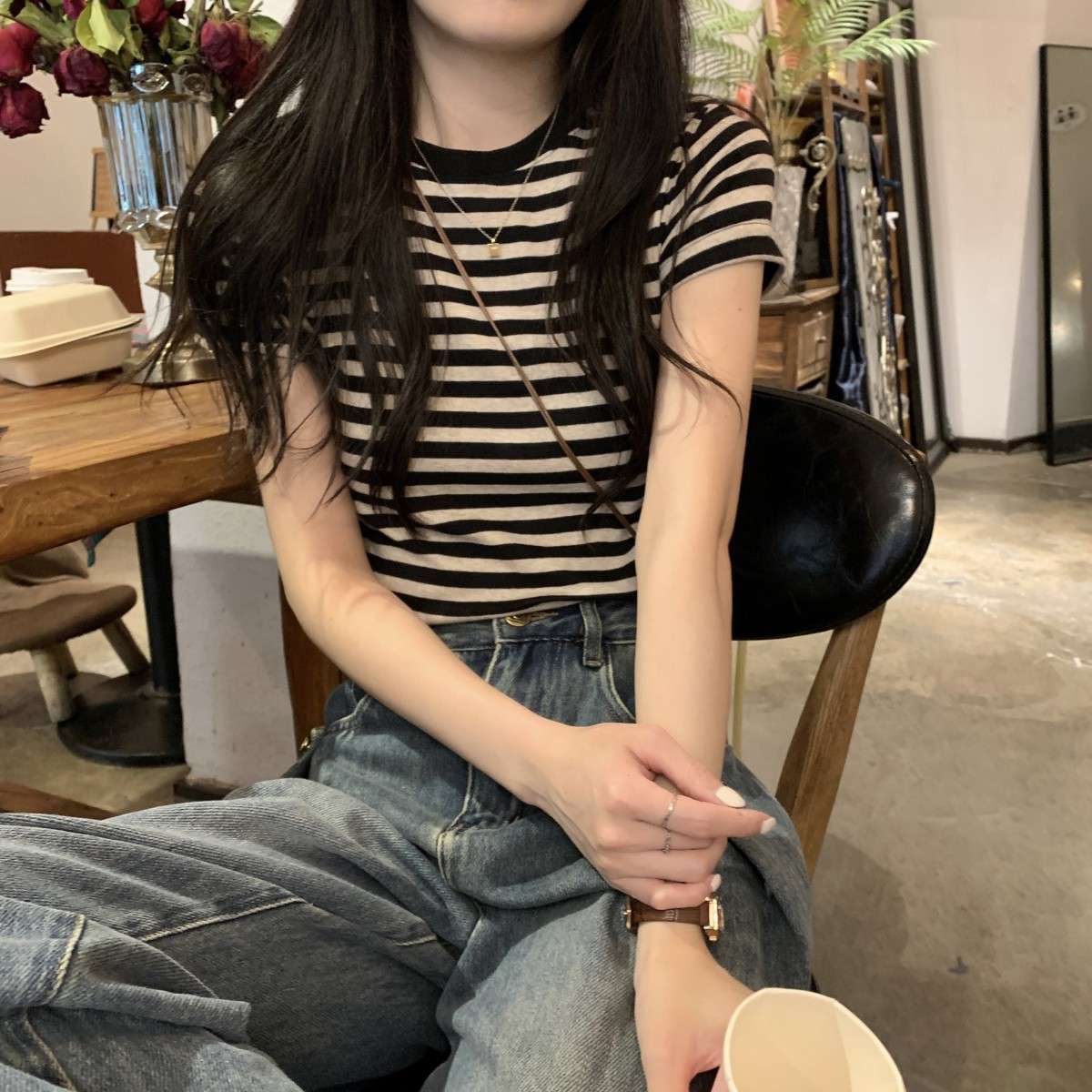 韓国ファッション デイリーボーダークルーネック半袖