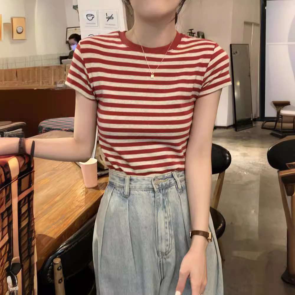 韓国ファッション デイリーボーダークルーネック半袖