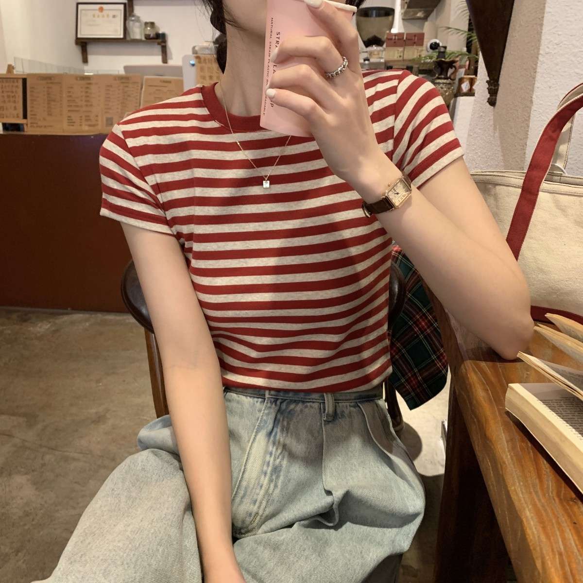 韓国ファッション デイリーボーダークルーネック半袖