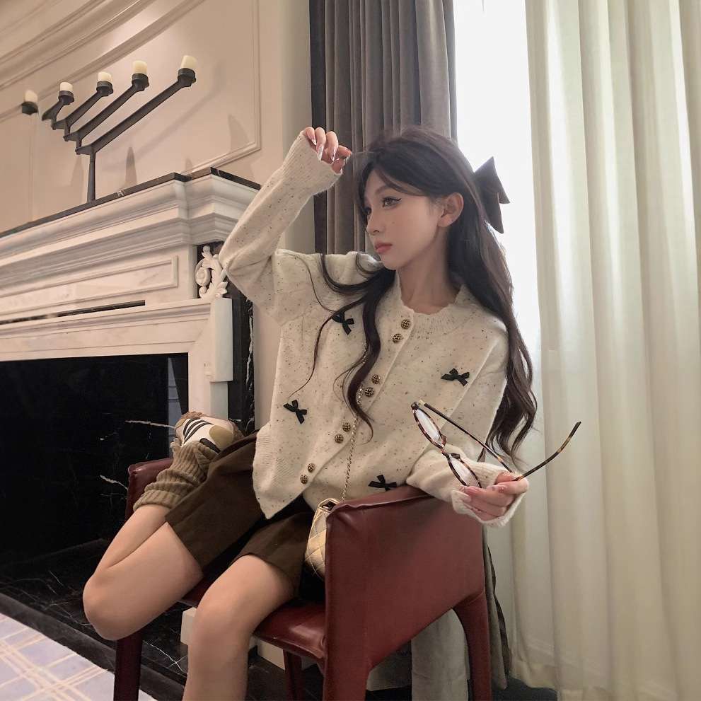 韓国ファッション リボン付きフェアリーニットカーディガン