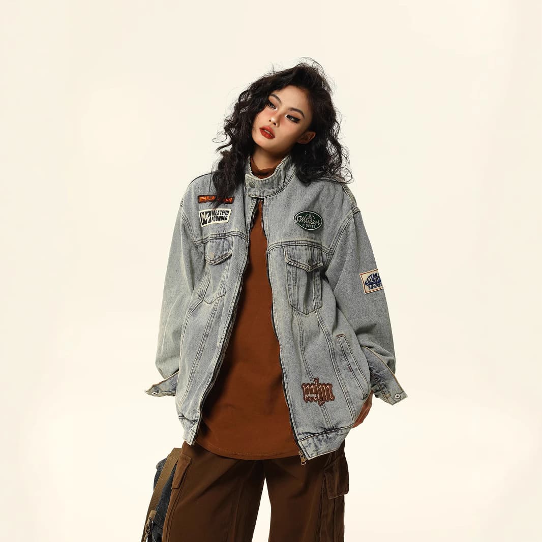 韓国ファッション パッチ付きオーバーサイズデニムジャケット