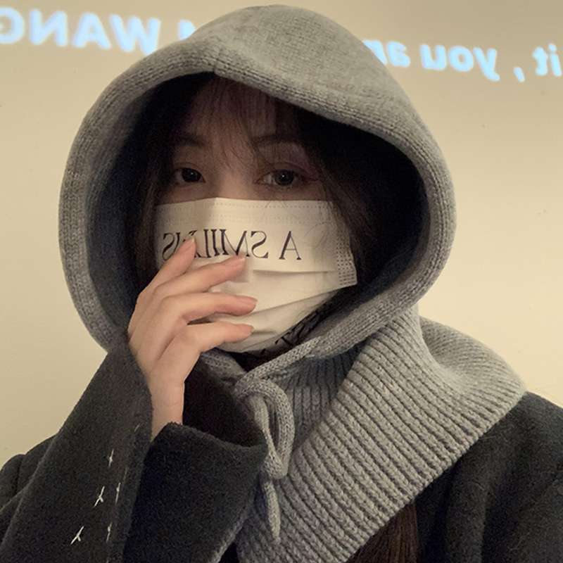 韓国ファッション あったかフードマフラーニット帽