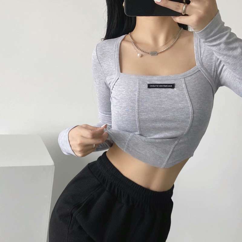 韓国ファッション スクエアネックスリムリブトップス