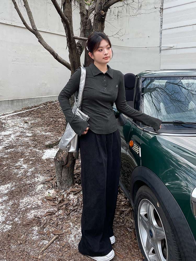 韓国ファッション レトロモダン ポロニットプルオーバー