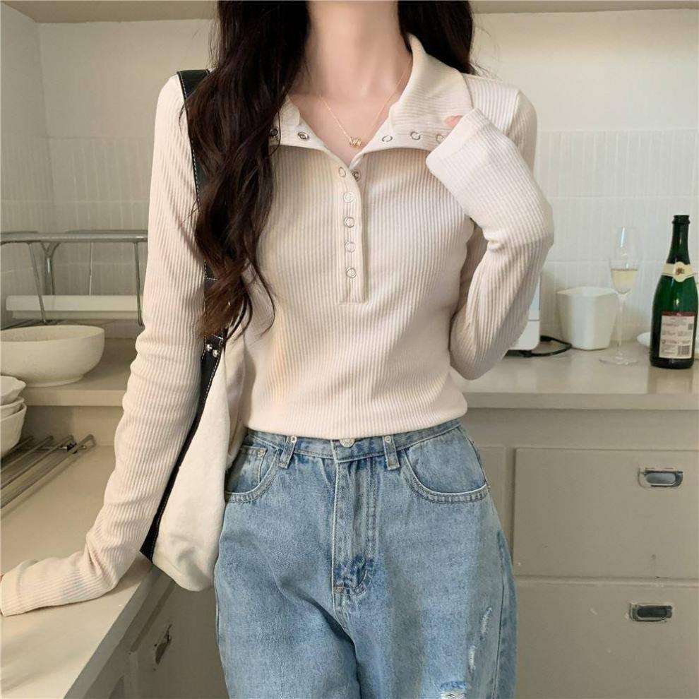 韓国ファッション リブニットハイネック スナップボタン付きプルオーバー