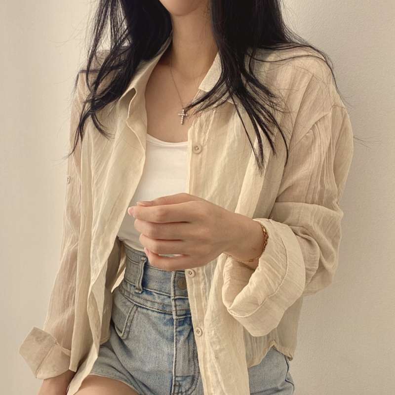 韓国ファッション シワ感シアーシャツ