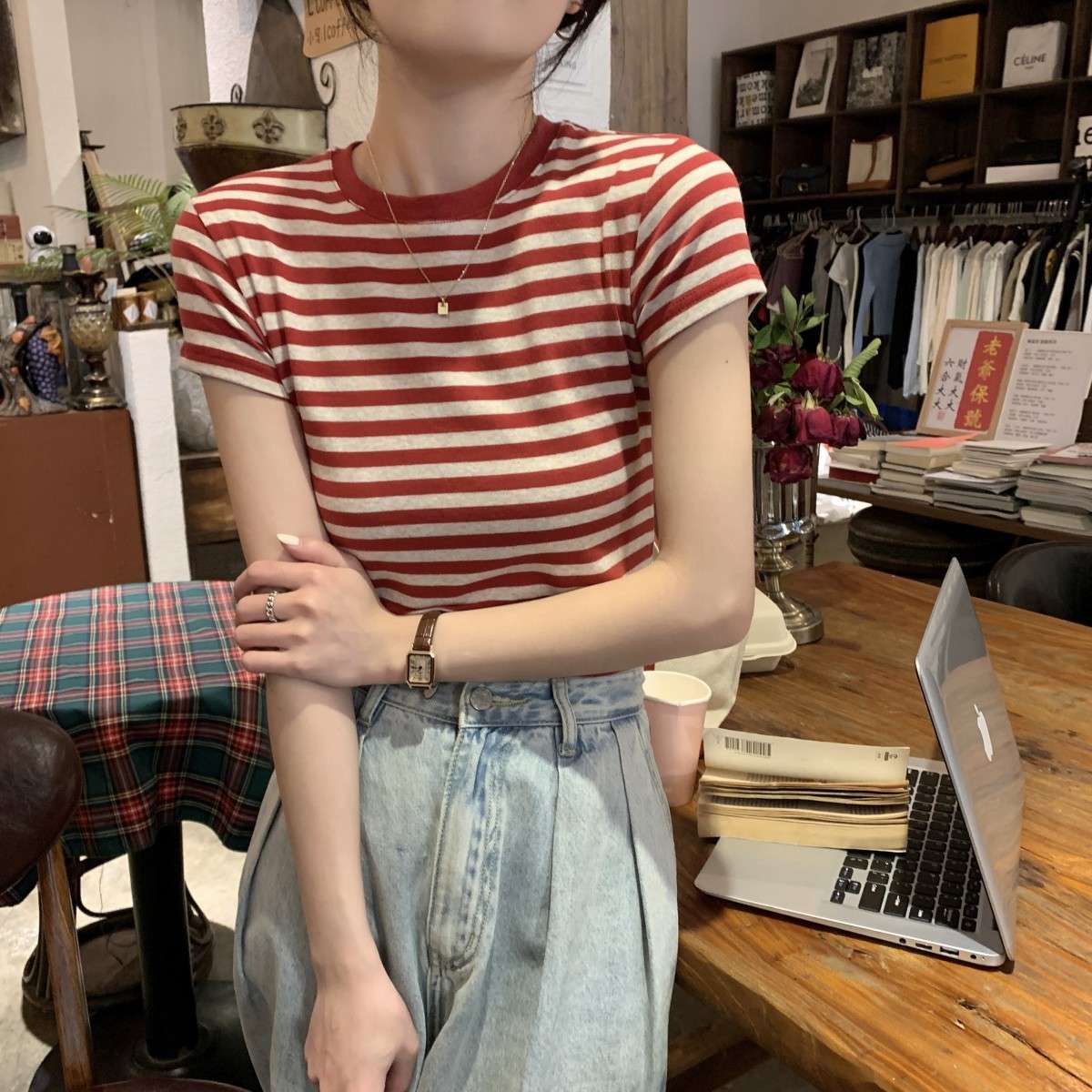 韓国ファッション デイリーボーダークルーネック半袖