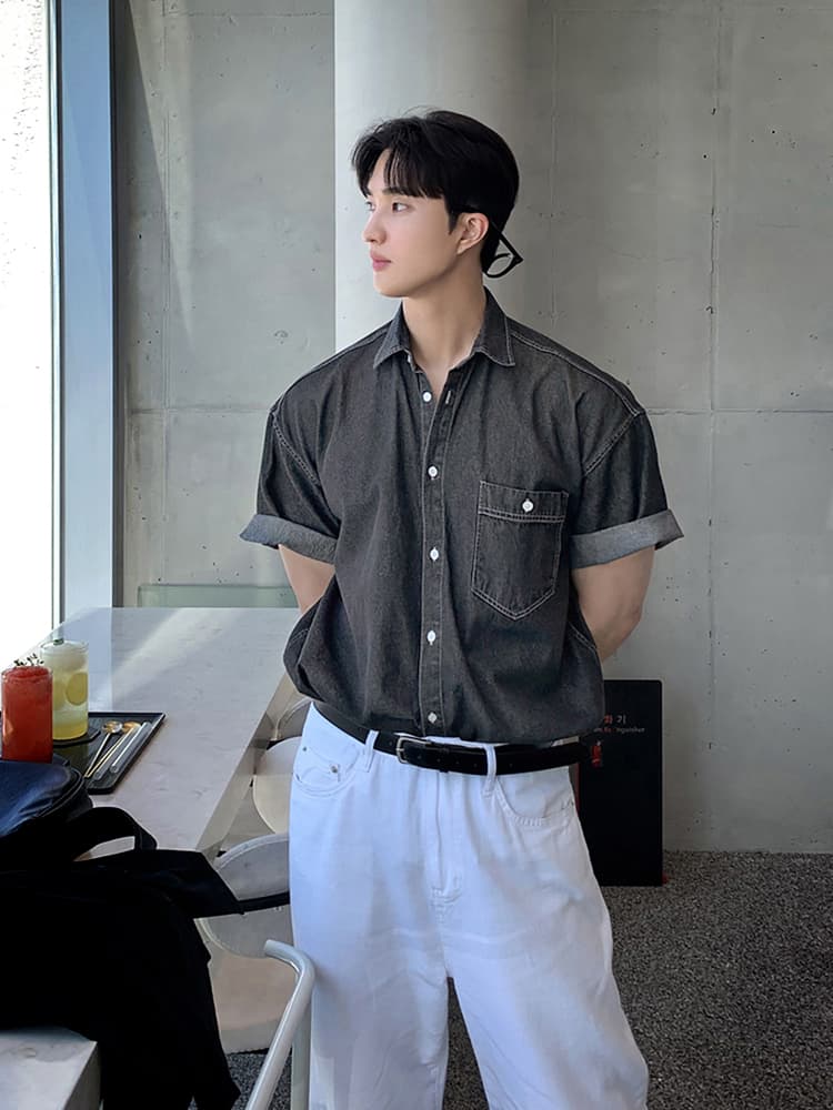 韓国ファッション ロールアップ袖デニムシャツ