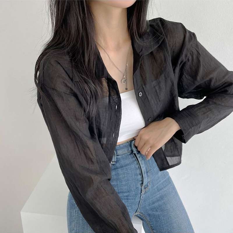 韓国ファッション シワ感シアーシャツ