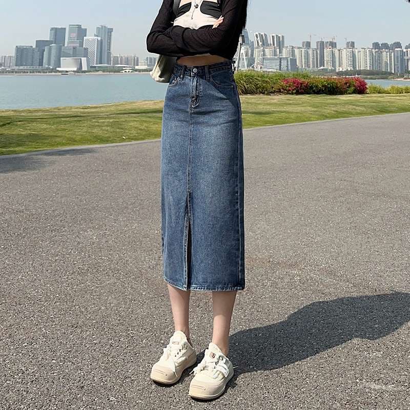 韓国ファッション ハイウエストデニムスリットスカート