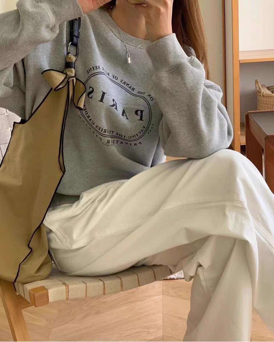韓国ファッション シンプルロゴプリント裏起毛スウェット