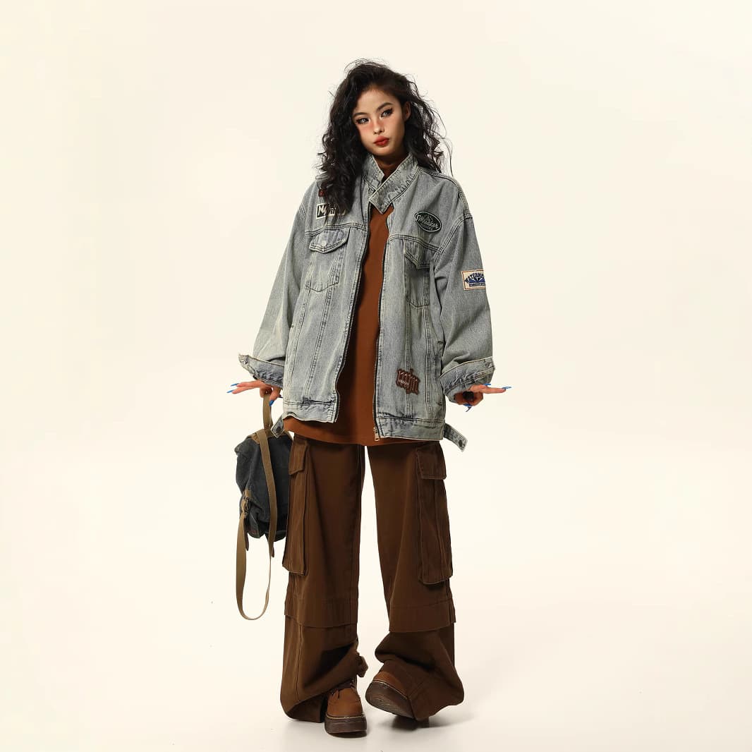 韓国ファッション パッチ付きオーバーサイズデニムジャケット