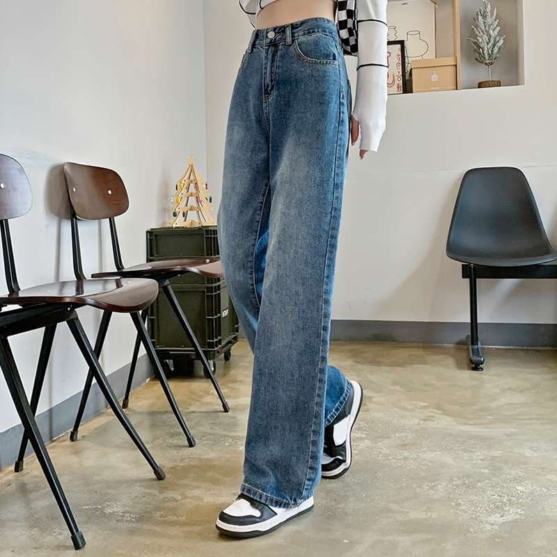 韓国ファッション ハイウエストゆったりデニムパンツ