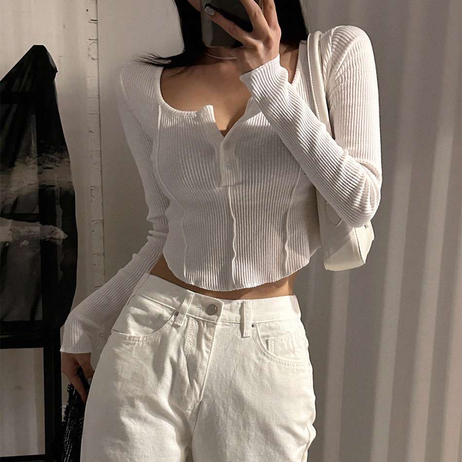 韓国ファッション リブニットクロップトップス＆ワイドパンツ