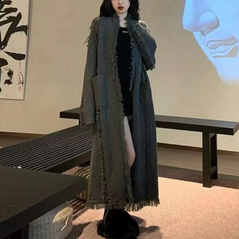韓国ファッション ダメージロングニットカーディガン