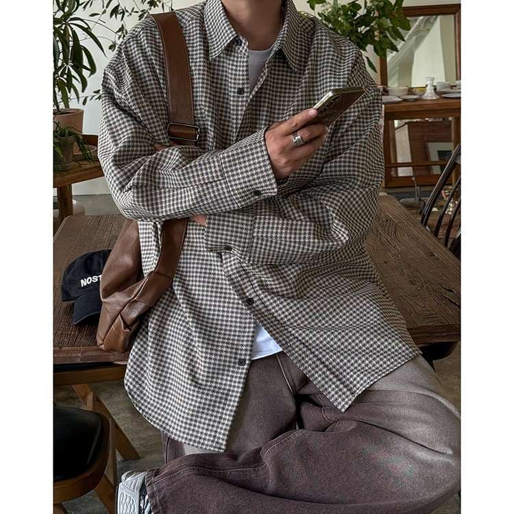 韓国ファッション オーバーサイズチェックシャツ