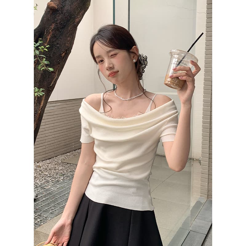 韓国ファッション オフショルダーニット